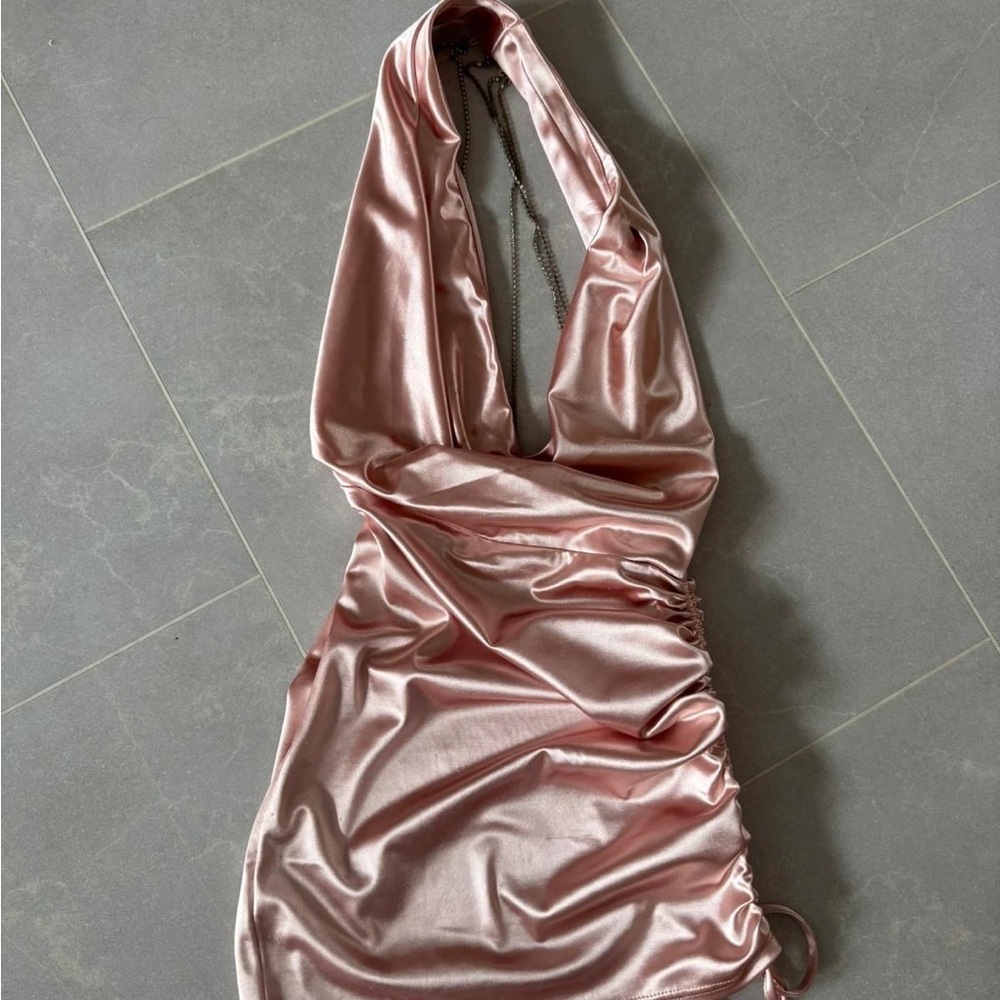 Elegant Pink Satin Halter Dress